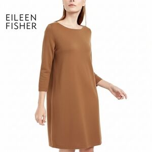 Sz S Eileen Fisher Crewneck 3/4 Sleeve Sweater Knit Dress Italian Yarn - Tan